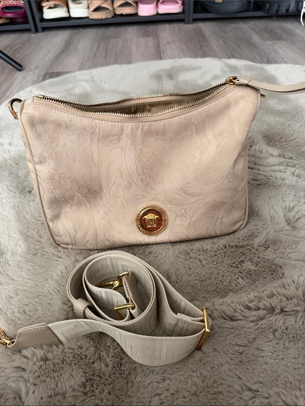 Versace Light Beige Floral Jacquard Shoulder Bag with Gold Medallion